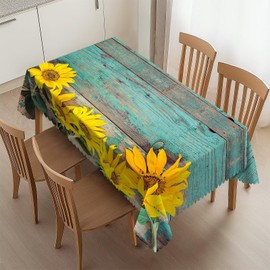 HEROARMOUR Rectangle Sunflower Teal Wood Tablecloth Washable Sunflowers Table Cover Table Cloth for Party Picnic Dinner Outdoors Home Decor 54x72Inches