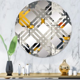 DesignQ Wall Pattern with Grey Cubic Stripes I - Striped Plaid - 32 Inches - Round Decorative Wall Mirror for Bathroom, Bedroom, Entryway, Living Room, Vanity Room and Modern Décor