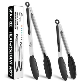 HOTEC Pinzas de cocina de acero inoxidable de alta calidad con puntas de silicona, juego de 2 a 9 pulgadas y 12 pulgadas