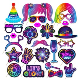 25pcs Glow Photo Booth Props with Stick, Let's Glow Party Supplies Neon Party Favor Glow in The Dark Party Decoration Fluorescent Party Supplies for Birthday Party Disco Black Light Party Supplies