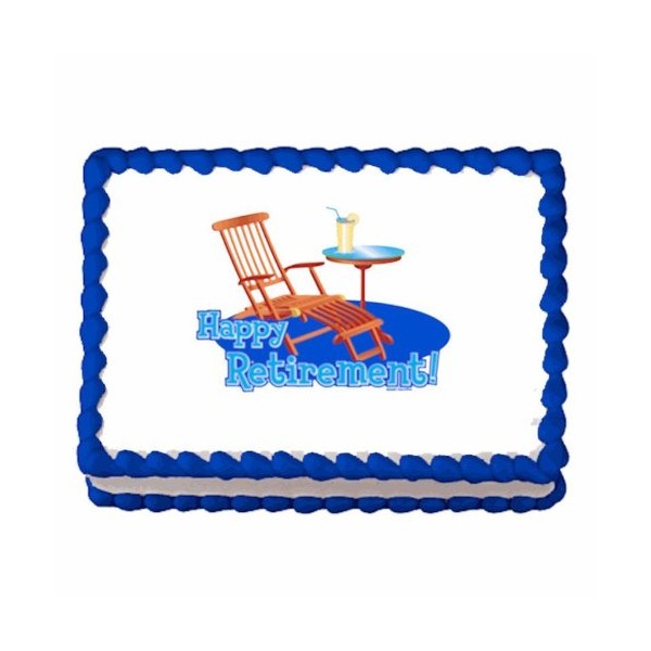 1/4 Sheet ~ Happy Retirement Beach Chair ~ Edible Cake/Cupcake Topper - D988