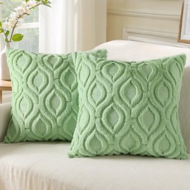 decorUhome Set of 2 Faux Fur Cushion Covers 60x60 cm, Decorative Soft Plush Fluffy Velvet Cushion Cover 24X24 Inch, Square Boho Neutral Pillow case for Sofa, Sage Green