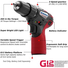 ACDelco ARD12119T G12 Series 12V Cordless Li-ion 3/8” 265 In-lbs. Compact Drill Driver - Bare Tool Only