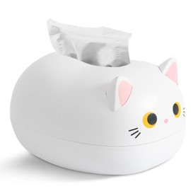 Cat Tissue Box, Cute Cartoon Cat Shape Tissue Dispenser Portable Tissue Holder Desktop Tissue Holder Cat Ear Toothpick Box Plastic Tissue Box for Kitchen Bathroom (White)