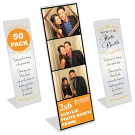 Photo Booth Nook | 2x6 Slanted Photo Booth Frames (50 Count) | Crystal Clear Acrylic Photo Booth Picture Frame with Silver Inserts | Bulk