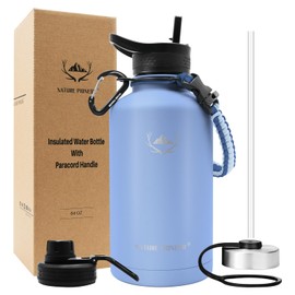 NATURE PIONEOR Insulated Water Bottles with Paracord Handle - 64 oz Vacuum Sports Wide Mouth Water Bottle with 3 Lids, Leak Proof Stainless Steel Keeps Hot and Cold