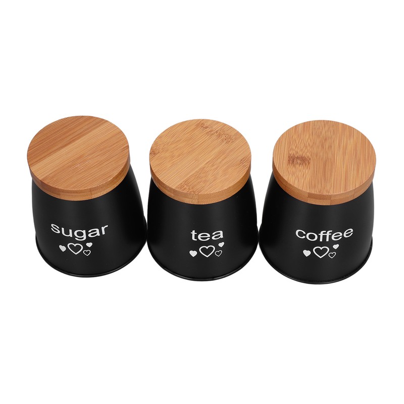 3Pcs Coffee Tea Sugar Container Set Bamboo Lid Durable Iron