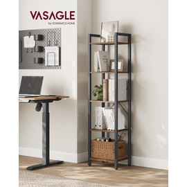 VASAGLE 5-Tier Bookshelf, Bookcase with Steel Frame, Book Shelf for Living Room, Home Office, Study, 11.8 x 15.7 x 60.2 Inches, Industrial Style, Rustic Brown and Ink Black ULLS100B01