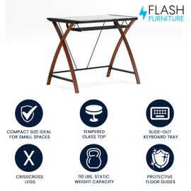 Flash Furniture Jude Tempered Glass Computer Desk with Pull-Out Keyboard Tray and Crisscross Frame, Small Computer Desk for Home Office, Cherry/Clear