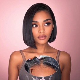 Wear and Go Glueless Bob Wig Human Hair Pre Plucked Pre Cut 4×4 HD Lace Closure Wigs Human Hair for Black Women Short Straight Bob No Gel Lace Wig Natural Black 8 Inch 150% Density