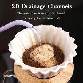 Bincoo Ceramic Coffee Dripper,Pour Over Coffee Dripper with Wood Stand, Flower-shape for 1-2 Cups Slow Brewing Maker for Home Cafe (Pink)