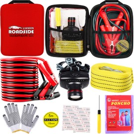 LIANXIN Car Roadside Emergency Kit, with Jumper Cables Automotive Kit,Car Safety Roadside Assistance Kit Headlamp,Tow Straps,Screwdrivers, Rainwear, Gloves.Red