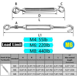 Turnbuckles Hook, Reedny 304 Stainless Steel Turnbuckle Heavy Duty M4 M6 M8 Hook and Eye Turnbuckle for Cables Wire Rope Tension 5/32" 1/4" 5/16" for Sun Shade Fence Tent Rope Installation(M6, 8Pcs)