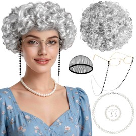 7 Pcs Silver Old Lady Wig Crazy Hair Day Costume for Women, Funny Party Grandma Wigs Short Curly Granny Hair Accessories for Halloween Christmas Cosplay Costume Party