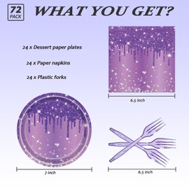 72 Pcs Purple Glitter Paper Plates 7in Disposable Paper Dessert Plates Napkins and Forks Party Tableware Set Happy Birthday Table Decorations for 24 Guests Purple Birthday Party Wedding Theme Party