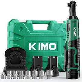 KIMO Cordless Electric Ratchet Wrench Set, 40Ft-lbs, 400RPM, 12V Cordless Ratchet Wrench 3/8" w/ 60-Min Charger, 7Sockets, 1/4" Adapter, Forward/Reverse Switch, 2x2.0Ah Battery, Variable Speed Trigger