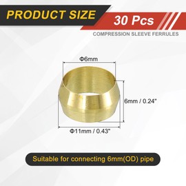 sourcing map 30Pcs Fit for 3/8" Tube OD Brass Compression Sleeve Ferrules Brass Compression Tube Fitting for Water Oil Air Pipe