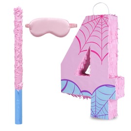Pink Spider Web Number 4 Pinata, 16 Inch Spider Web Piñata for Boys Girls 4th Birthday Party Decorations with Stick and Blindfold (Spider Web Number 4 Pinata)