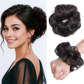 Benehair Messy Bun Hair Piece Curly Wavy Hair Scrunchies Messy Bun Scrunchie Synthetic Donut Updo Hair Pieces for Women Girls (Black, 25g)