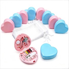 10 Sets Travel Sewing Kit Mini - Heart Shaped Mini Sewing Kit Bulk for Wedding Favors, Holiday Donation Boxes & Emergency Repairs - Portable Small Mending Set with Organza Gift Bags, Pink & Blue
