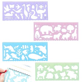 JUGUTA Pack of 4 Animal Stencils Children, Transparent Animal Ruler 15 cm Plastic Stencils Children Animal Shape Drawing Stencils Drawing Ruler with Graduations for Boys Girls Painting Tools