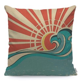 WONDERTIFY Throw Pillow Cover Case Vintage Waves Nature Sun and Sea, Cotton Linen, Multi 01, 18 x 18 Inch