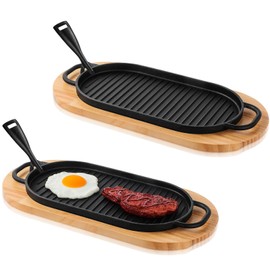 Yiyiring 2 Sets Cast Iron Fajita Skillet Pan Set Sizzling Steak Plate with Wooden Base and Removable Handle Cast Iron Grill Frying Pan Server Plate for Home Restaurant Kitchen Cooking Accessory