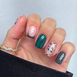Short Flower Press on Nails Square Green Fake Nails with Floral Design Glossy Spring False Nails Green French Gel Acrylic Nails Tips Full Cover Glue on Nails Fall Stick on Nails for Women 24Pcs