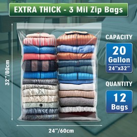 Extra Large 20 Gallon Zippered Plastic Bags for Storage- 24'' x 32'', Ideal for Clothes Clothing, Travel, Moving, 3-mil Extra Thick Clear Plastic, 12 pack