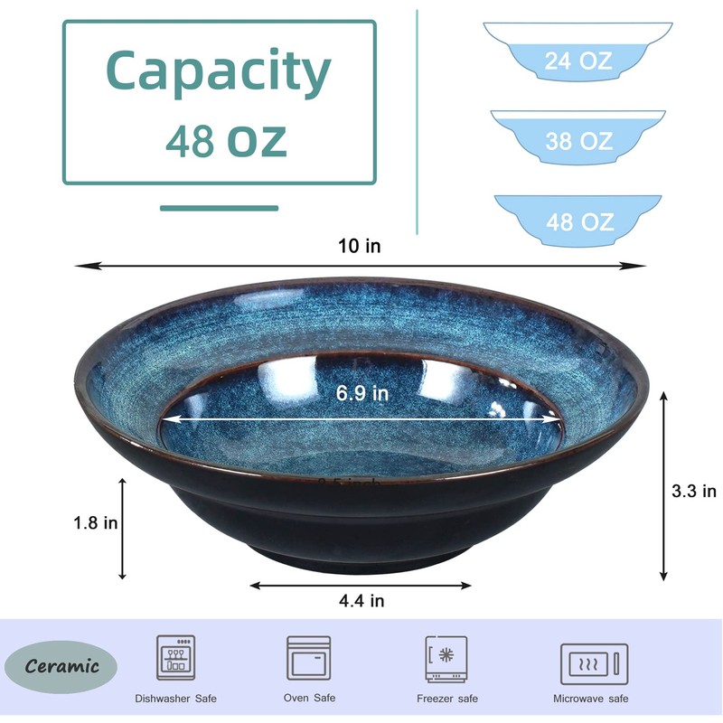 STE-CER Ceramic Pasta Salad bowl, 10" Wide Rim Soup Bowls,
