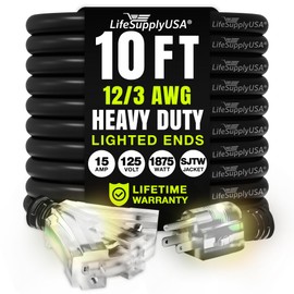 10ft Outdoor/Indoor Extension Cord 3-Outlet 12/3 Gauge Extra Heavy Duty 3 Prong SJTW, Waterproof, Flexible Cold-Resistant Long Power Cord,15A 125V 1875W, Black by LifeSupplyUSA