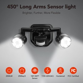 OREiN Outdoor Motion Sensor Security Light, 450° Adjustable 3-Head Floodlight, 2500 Lumens Bright Hardwired Dusk to Dawn Light, IP65 Waterproof, Black