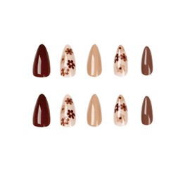 MISUD Press on Nails Medium Almond Fake Nails Glossy Glue on Nails Fall Brown Acrylic Nails Stiletto Artificial Flower Stick on False Nails with Design 24 pcs