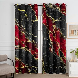 Red Marble Blackout Curtains 63 inches Long 2 Panels Set, Black Marble Gold Liquid Glitter Shading Curtain Darkening Thermal Insulated Light Blocking Drapes for Bedroom Living Room 42x63