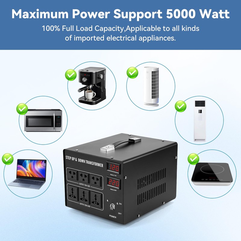 5000W Voltage Transformer Step Up/Down, 110V/220V Voltage Converter, Manual Rewiring