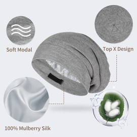 OLESILK Silk & Cotton Jersey Hat Lightweight and Soft Slouch Beanie Reversible Hat Knitted Hat Unisex Adjustable for Men and Women, lightgrey