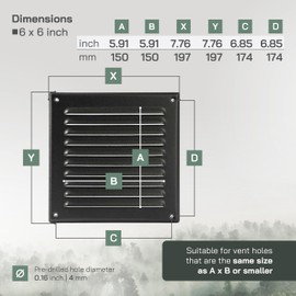 Vent Systems - 6 x 6 Inch (Inner) Black Metal Square Soffit Air Vent Grille Cover, Register Vent Deflector Louver Built-in Mesh HVAC for Bathroom Home Office Kitchen 8" x 8" (Outer)