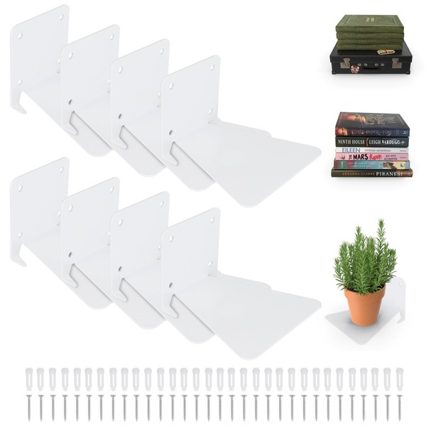 RealPlus Floating Bookshelf Iron Invisible Floating Book Shelves Wall Mounted Heavy Duty Book Organizer, White (Pack of 8)