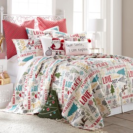Levtex Home Merry & Bright Collecion - Santa Claus Lane Quilt Set - Full/Queen Holiday Quilt 88x92 + Two Standard Pillow Shams 20x26 - Christmas Script - Red Teal Yellow Green Black White - Reversible