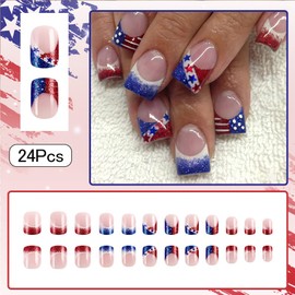 4th of July Nails - Fourth of July Nails Medium Square Press On Nails Fake Nails with Stars Stripe Glitter French Tip Nails Design, Acrylic Artificial False Nails Press Ons Stick On Nails for Women