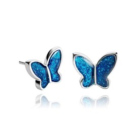 Handmade Small Sparkly Butterfly Stud Earrings for Women (Royal Blue Silver)