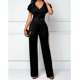 PDBQ Jumpsuit for Women Dressy V-Neck High Waist Ruffle Sleeve Loose Long Wide Leg Pants Suits Romper Black XXL