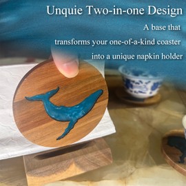 LILKUISYN 4Pcs Drink Coaster Set with Napkin Holder Conversion Base Acacia Wood with Unique Resin Animal Design for Kinds of Cups Tabletop Protection and Decor for Coffee Table Ideas for Gifts