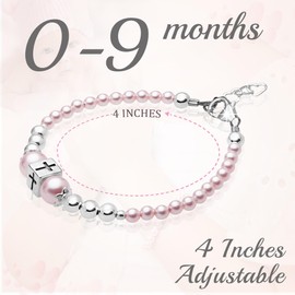 Delicate Baptism Pearl Bracelet for Girls, Sterling Silver Cross Charm Baptism Gifts for Girl Embellished with High-end Pink Simulated European Pearls, Girls Jewelry