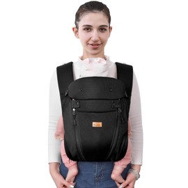 CUBY Baby Carrier Newborn to Toddler, Mesh Double Zipper Ergonomic Embrace Leg Crotch Protection Toddler Carrier, Detachable Hood & Reversible Head Support Baby Use to 29 LBS (Mesh Leg Crotch Black)