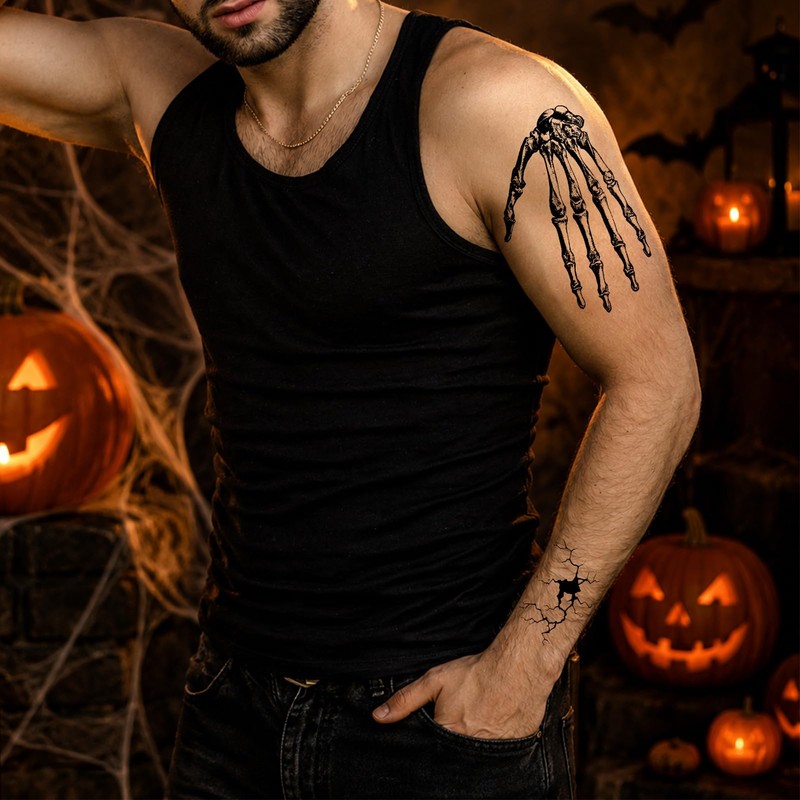 Konsait Halloween Skeleton Hand Tattoos, 4 Sheets Realistic Skeleton Hand