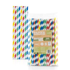 Mank Jumbo Paper Straws, 150 Count, Yellow, Red, Green, Blue Stripes, 8 mm Diameter, 25 cm Length, Eco-Friendly, Break Resistant, Perfect for Parties & Weddings