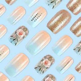 Blue Gradient Press on Nails Medium Square False Nails with Flowers Design Glossy Glitter Fake Nails with Nail Glue Reusable Acrylic Nails Natural Stick on Nails for Women Girls 24Pcs