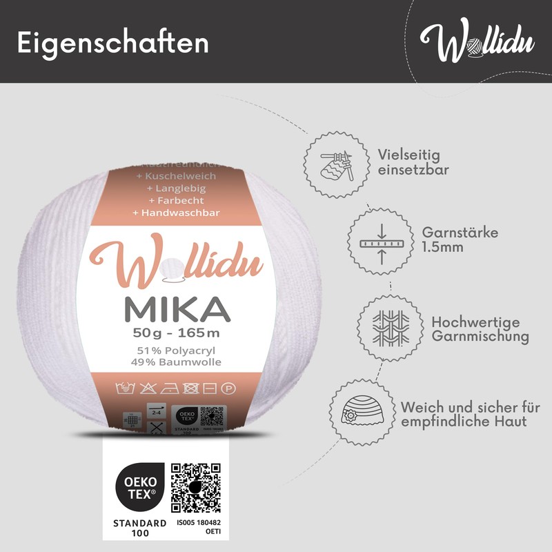 Wollidu Mika Knitting and Crochet Yarn, 51% Polyacrylic, 49% Cotton,