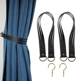 Leather Curtain Tiebacks Curtain Buckle Vintage Curtain Tie Backs Leather Curtain Rod Holder for Home Offic Living Room Bedroom 2 Pcs (Black, Narrow)
